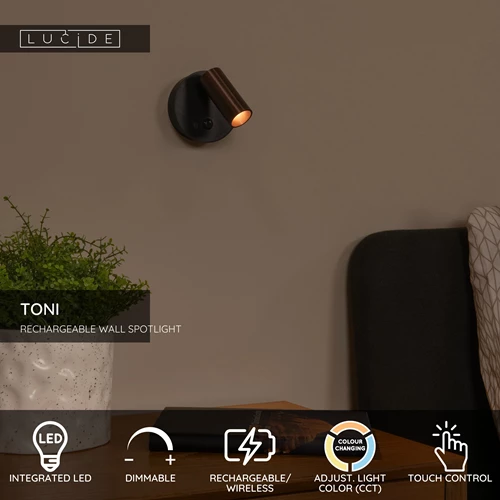 Lucide TONI - Rechargeable Wall spotlight / Wall light - Battery pack - Ø 8,1 cm - LED Dim. - CCT - 1x2W 2700K/4000K - Motion Sensor (deactivatable) - Magnetic - Grey iron - USP